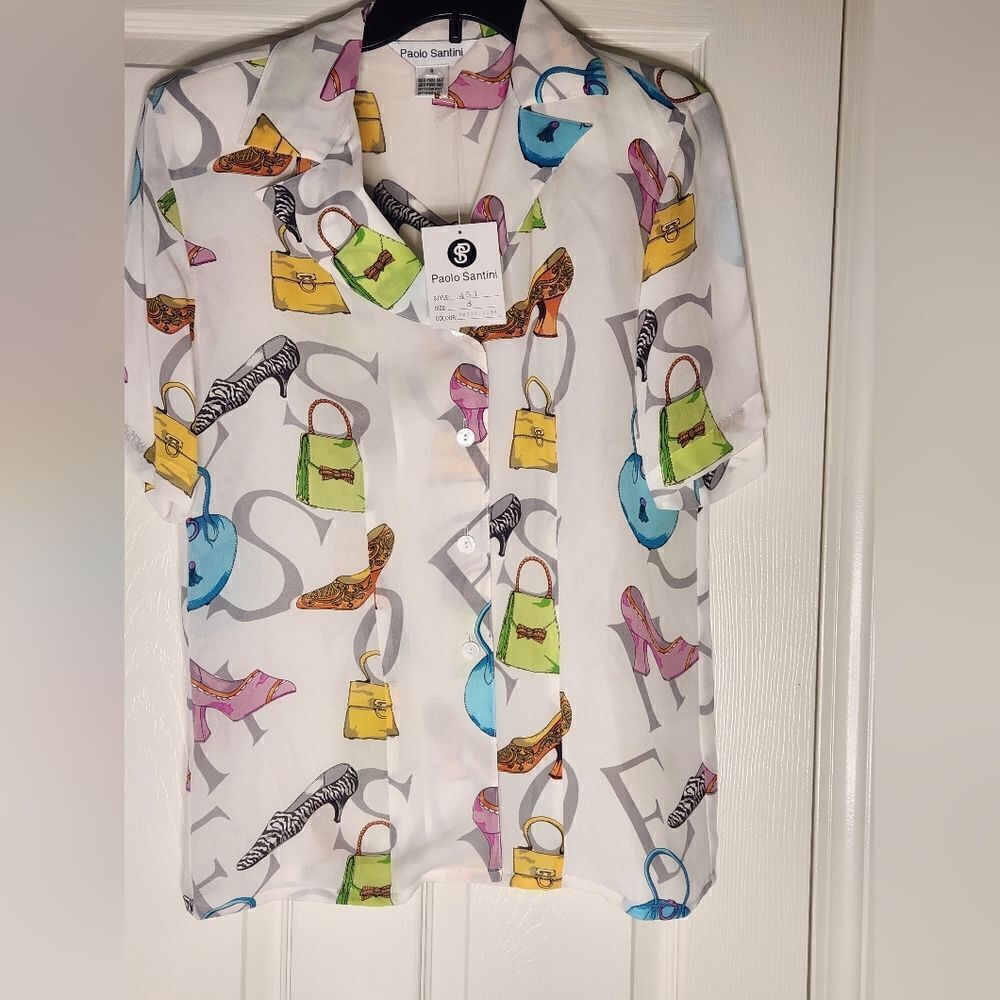 NWT Vtg Paolo Santini 8 Shrtslv 100%PureSILK Shoes Print ButtonsUp Women Blouse